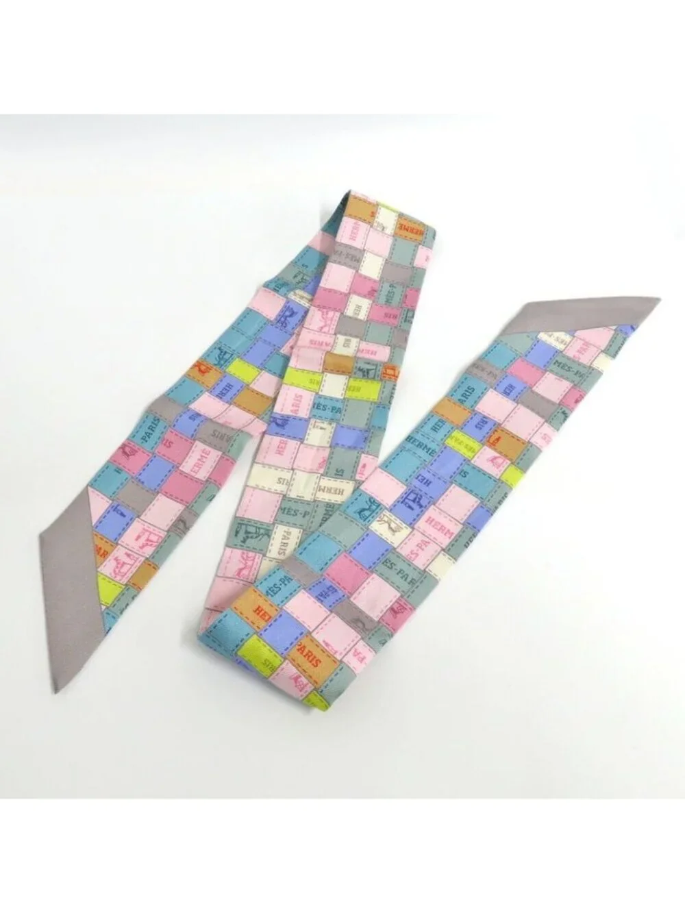 Hermes Twilly Bolduc Check Silk Gray Multicolor Pastel - Picture 7 of 7